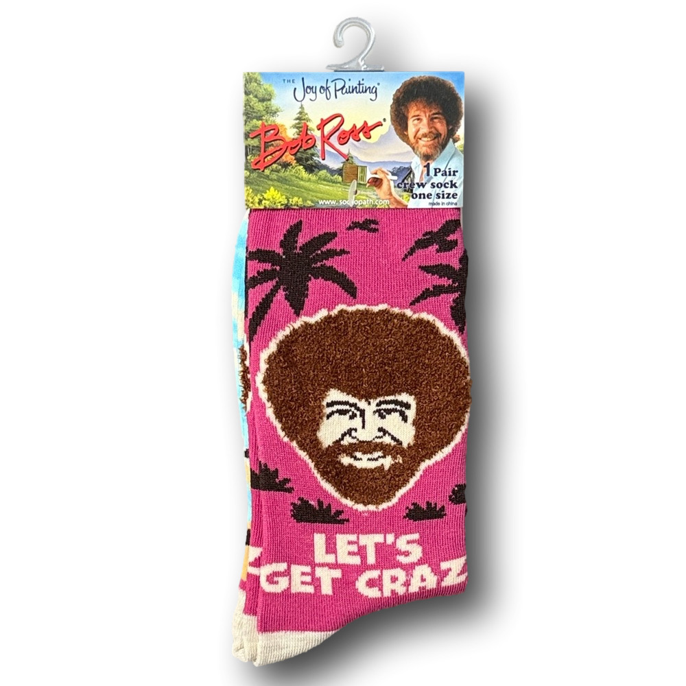 3/$20 Bob Ross "Let's Get Crazy" Funny Novelty Crew Socks - NWT